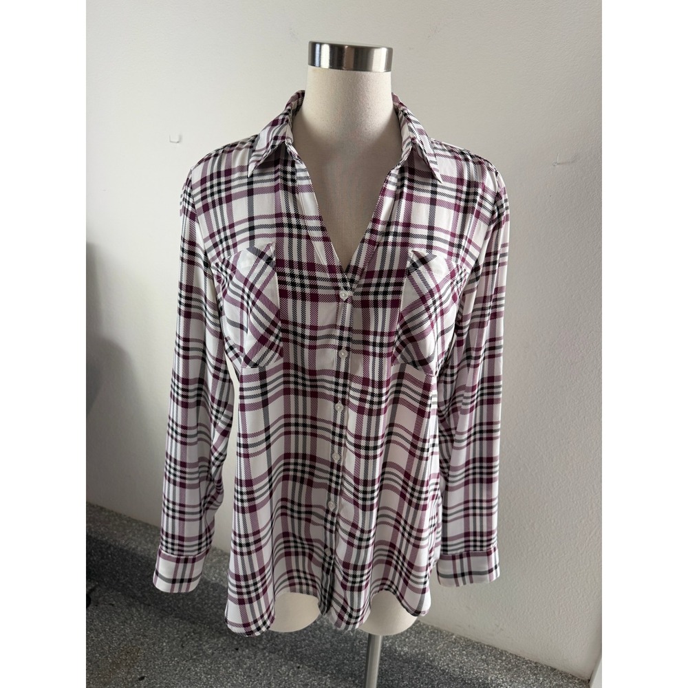 Express Portofino Shirt Womens Large Burgundy White Plaid Button Down Blouse